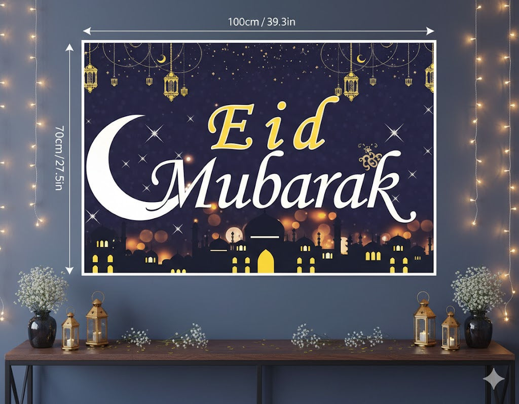 100x70cm Eid Mubarak Backdrop Banner Bluek & Gold