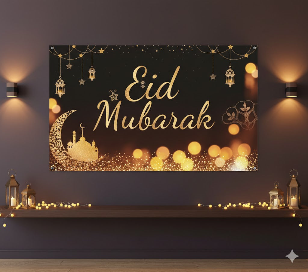 100x70cm Eid Mubarak Backdrop Banner Black & Gold