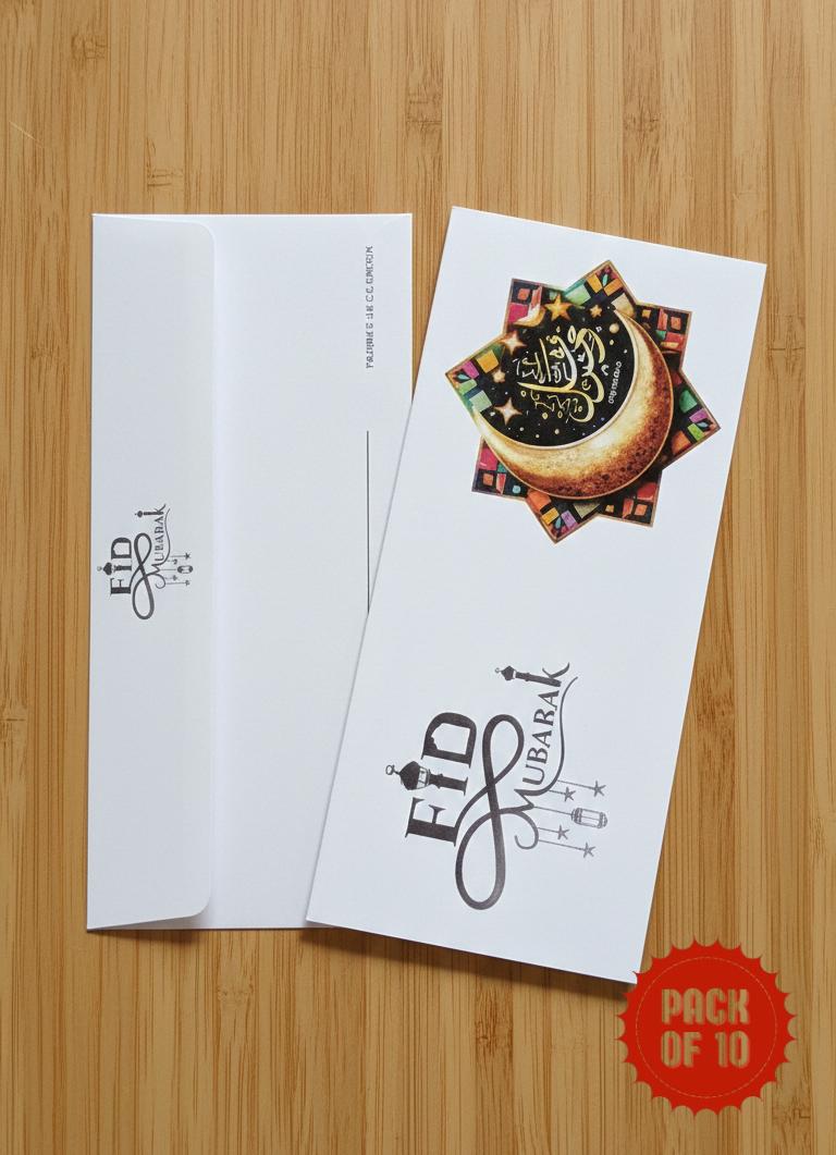 White Eid Mubarak Card Envelope 10 PC