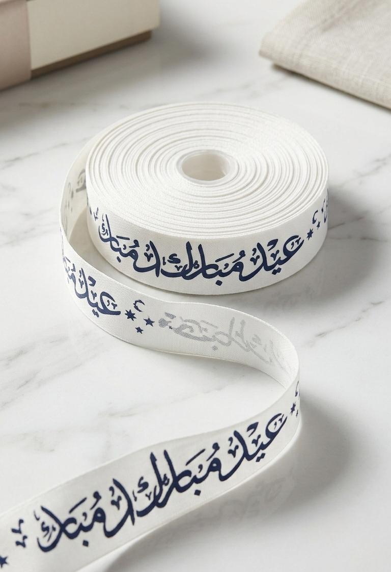 White Eid Mubarak Printed Ribbon For Eid Gifts