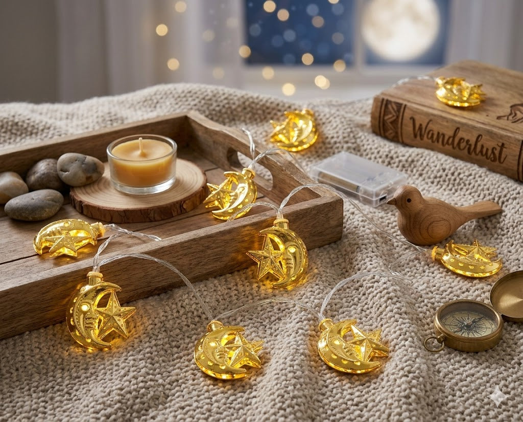 10 Pc Golden Star & Moon Fairy Light Battery Operated