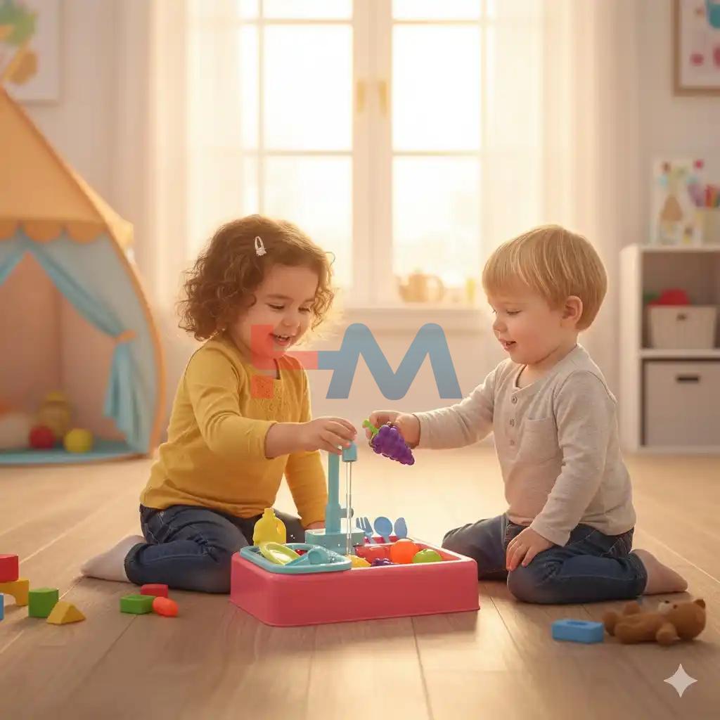 Kids Pretend Play Dishwasher Sink Toy with Water Recycling System and Colorful Fruit & Vegetable Set