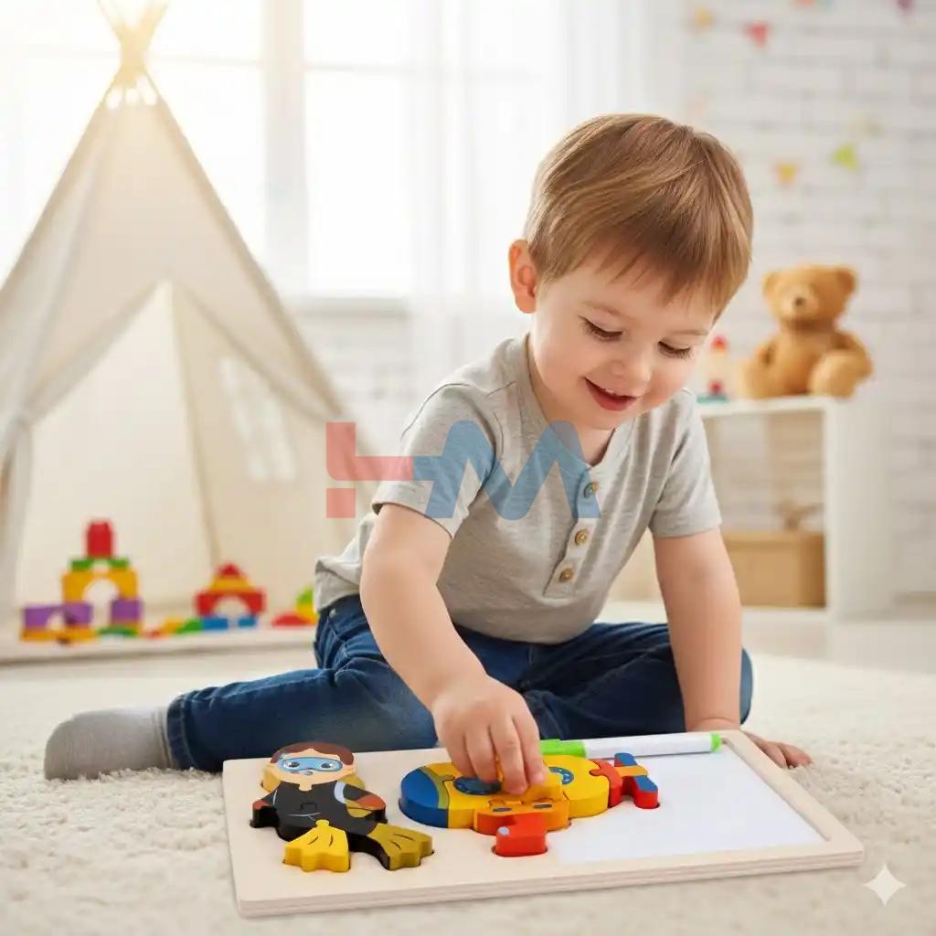 Premium Wooden Dual-Function Activity Board – Puzzle & Drawing