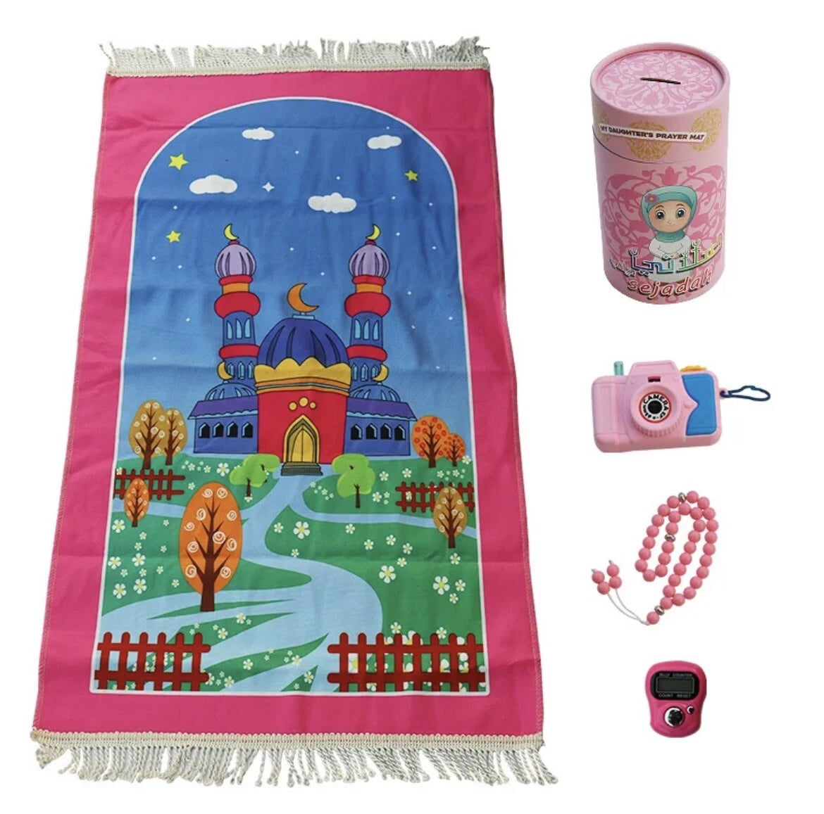 Kids Islamic Prayer Mat with Tasbeeh & Coin Money Bank