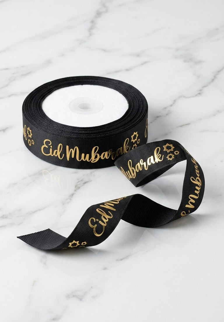 Eid Mubarak Foil Printed Black Ribbon For Eid Gifts 10 Yards