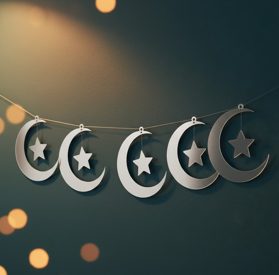 5Pc Moon & Star Hanging Silver Decoration
