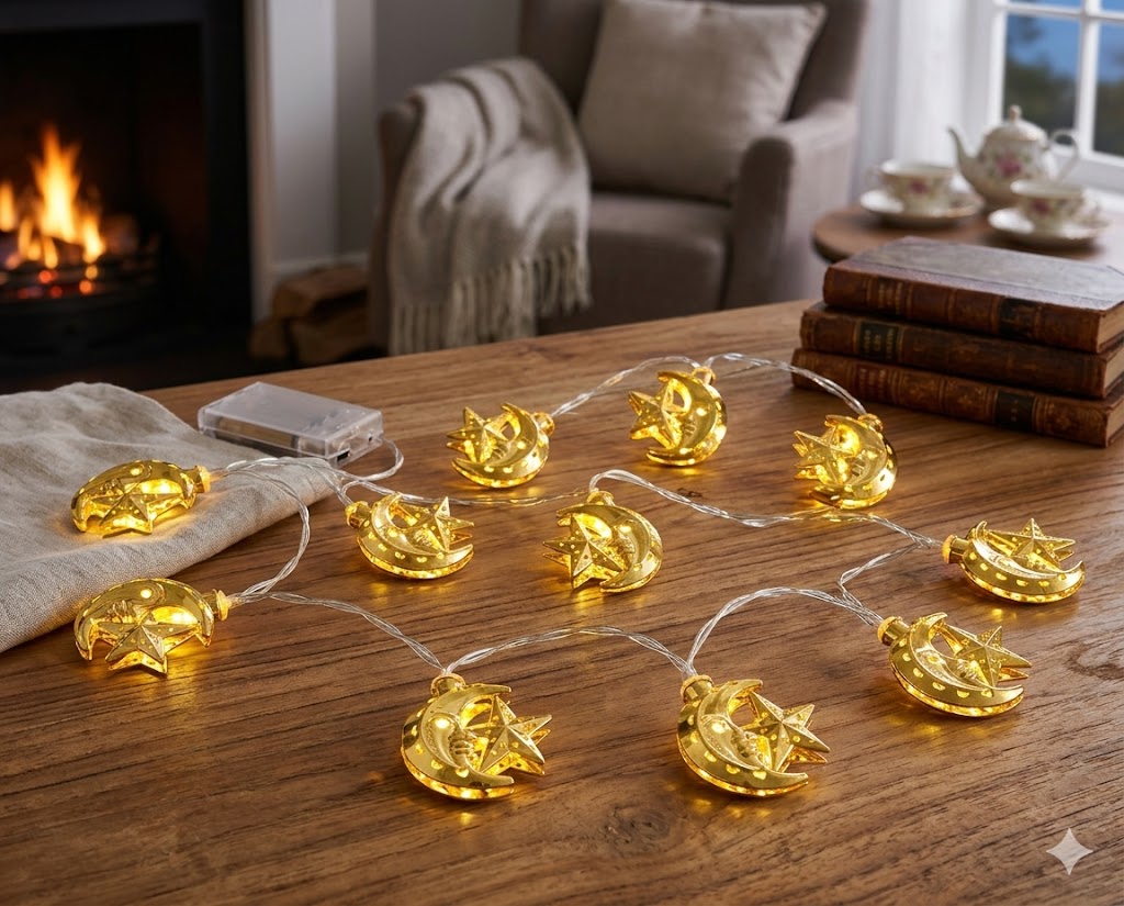 10 Pc Golden Star & Moon Fairy Light Battery Operated