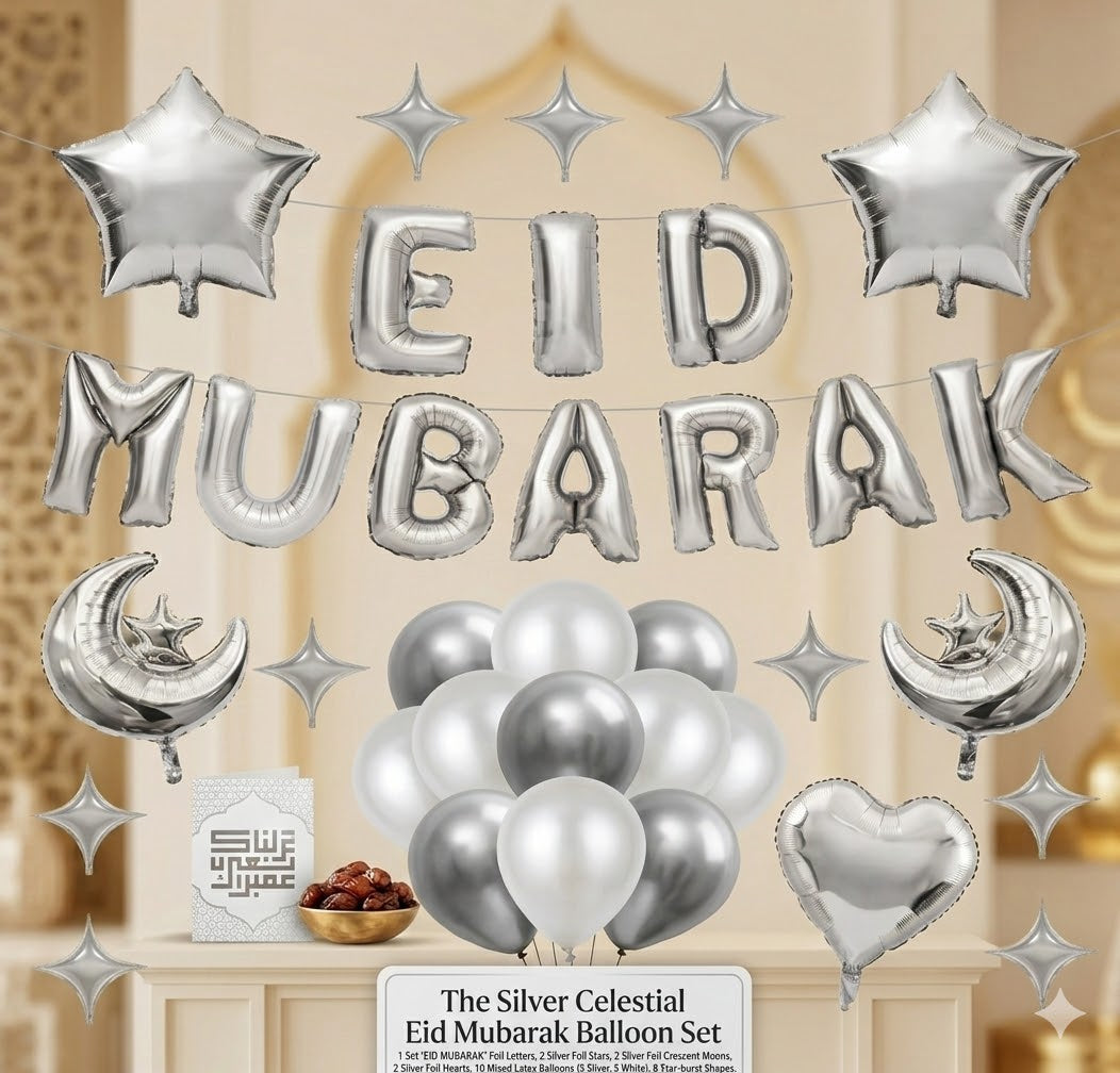 39 Pcs Silver Eid Mubarak Moon Star Foil Balloon Set | Eid Decoration